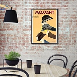 «Advertising poster for Mossant hats, 1938» в интерьере кухни в стиле лофт с кирпичной стеной