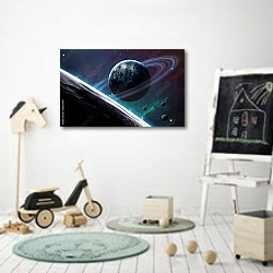 «Газовая планета-гигант и спутники» в интерьере детской комнаты для мальчика с самокатом