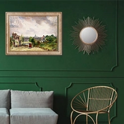 «Sir Richard Steele's Cottage, Hampstead, c.1832» в интерьере классической гостиной с зеленой стеной над диваном