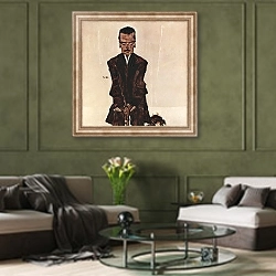 «Портрет Эдуарда Космака» в интерьере гостиной в оливковых тонах