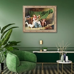 «The Woman and the Mouse, c.1798» в интерьере гостиной в зеленых тонах