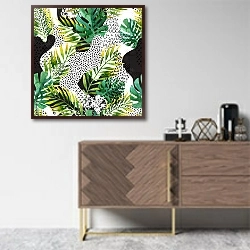 «Абстрактные летние тропические листья» в интерьере комнаты в скандинавском стиле над комодом