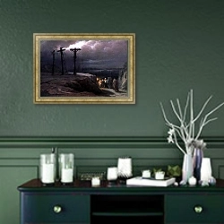 «Night at Golgotha, 1869» в интерьере гостиной в бордовых тонах