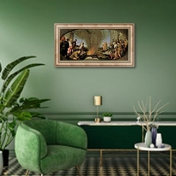 «Tamar led to the Stake, 1566-67» в интерьере гостиной в зеленых тонах