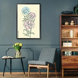 «Розы и цветные круги» в интерьере гостиной в стиле ретро в серых тонах