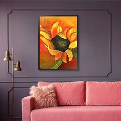 «September Sunflower, 2011,» в интерьере гостиной с розовым диваном