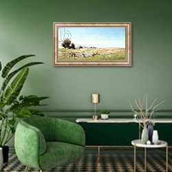 «The Durance Valley, 1867» в интерьере гостиной в зеленых тонах