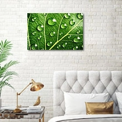 «Зеленый лист с каплями воды 5» в интерьере современной спальни в белом цвете с золотыми деталями