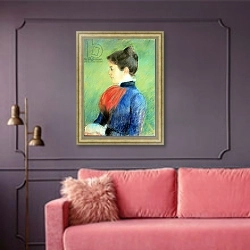 «Profile of a Woman Wearing a Jabot» в интерьере гостиной с розовым диваном