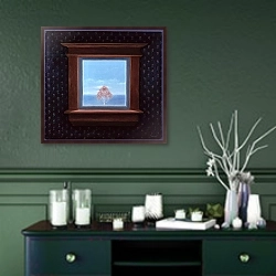 «Through the Window, 1981» в интерьере прихожей в зеленых тонах над комодом