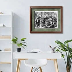 «Brokers near the small Bourse du Boulevard des Italians in Paris, France. Engraving in “The Illustrous Universe”, 1867. Private Collection» в интерьере кабинета в светлых тонах