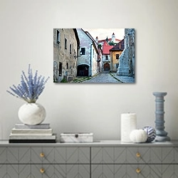 «Словакия, Братислава. Старый город» в интерьере современной гостиной с голубыми деталями