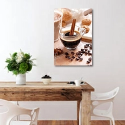 «Эспрессо в стеклянной чашке» в интерьере кухни с деревянным столом
