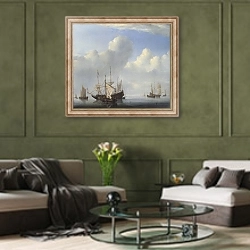 «Голландский корабль, вставший на якорь» в интерьере гостиной в оливковых тонах