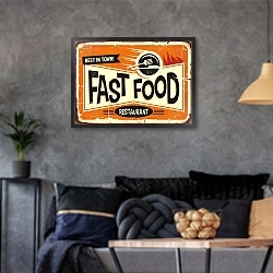 «Фаст-фуд, винтажная вывеска для ресторана» в интерьере гостиной в стиле лофт в серых тонах