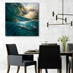 «Стайка дельфинов под волной» в интерьере современной столовой с черными креслами