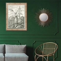 «Woman with a Raven, on the Edge of a Precipice» в интерьере классической гостиной с зеленой стеной над диваном