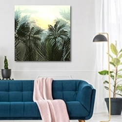 «Пальмы и тропические растения » в интерьере современной гостиной над синим диваном