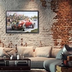 «Автомобили в искусстве 82» в интерьере гостиной в стиле лофт с кирпичной стеной