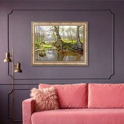 «Woodland Pond, 1890» в интерьере гостиной с розовым диваном