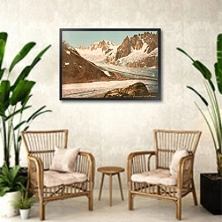 «Франция. Вид на гору Монблан» в интерьере комнаты в стиле ретро с плетеными креслами