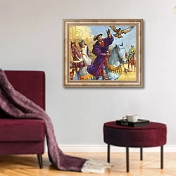 «King Henry VIII hunting» в интерьере гостиной в бордовых тонах