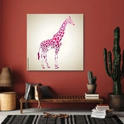 «Розовый силуэт жирафа» в интерьере прихожей в этническом стиле с красной стеной