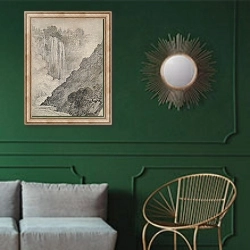 «Mountainous Landscape with Waterfalls» в интерьере классической гостиной с зеленой стеной над диваном