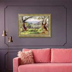 «Landscape at Les Collettes, 1910» в интерьере гостиной с розовым диваном