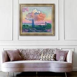 «The Rose Cloud» в интерьере зеленой гостиной над диваном