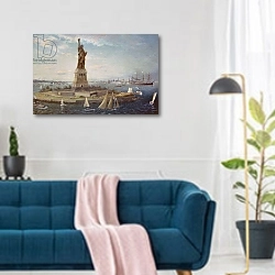 «Liberty Island, New York Harbor, 1883» в интерьере современной гостиной над синим диваном