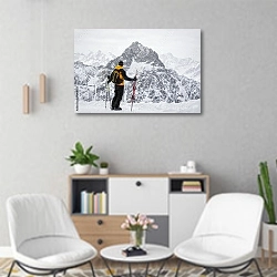 «Лыжник на фоне скалы» в интерьере офиса над шкафом с документами