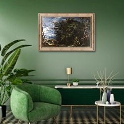 «Пейзаж с Меркурием и нечестным дровосеком» в интерьере гостиной в зеленых тонах