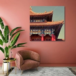 «Китай, Пекин. Древняя китайская пагода» в интерьере современной гостиной в розовых тонах