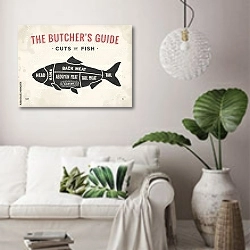 «Вырезка из рыбы» в интерьере светлой гостиной в скандинавском стиле над диваном