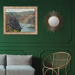 «Ravines of the Creuse at the End of the Day, 1889» в интерьере классической гостиной с зеленой стеной над диваном