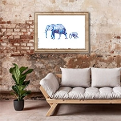 «Голубой слон со слоненком» в интерьере гостиной в стиле лофт над диваном
