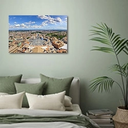 «Италия. Вид на Рим с Базилики Святого Петра» в интерьере современной спальни в зеленых тонах