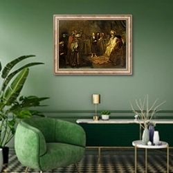 «The Twelve Year Old Jesus in front of the Scribes, c.1655» в интерьере гостиной в зеленых тонах