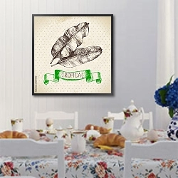 «Иллюстрация с пальмовыми листьями» в интерьере кухни в стиле прованс над столом с завтраком