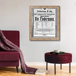 «Poster advertising 'Die Fledermaus' 1894» в интерьере гостиной в бордовых тонах