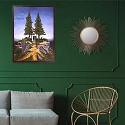 «Treescape, 1992» в интерьере классической гостиной с зеленой стеной над диваном