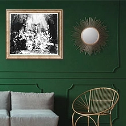«The Three Crosses, 1653 2» в интерьере классической гостиной с зеленой стеной над диваном