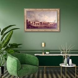 «London Bridge before the Alteration in 1757» в интерьере гостиной в зеленых тонах