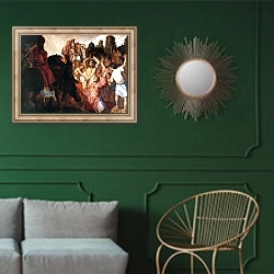 «Побиение камнями св. Стефана» в интерьере классической гостиной с зеленой стеной над диваном