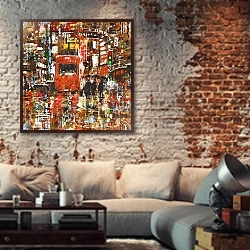 «Пёстрая городская абстракция» в интерьере гостиной в стиле лофт с кирпичной стеной