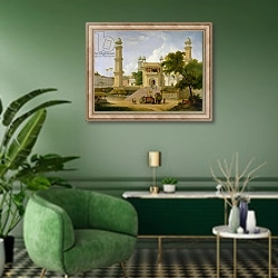 «Indian Temple, said to be the Mosque of Abo-ul-Nabi, Muttra, 1827» в интерьере гостиной в зеленых тонах