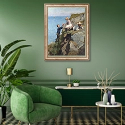 «На утесе» в интерьере гостиной в зеленых тонах