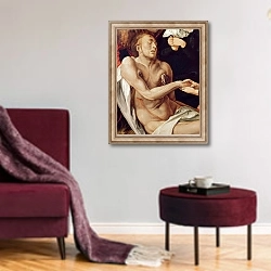«Detail of Lamentation for Christ, 1500-03» в интерьере гостиной в бордовых тонах