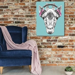 «Портрет Жирафа в наушниках» в интерьере в стиле лофт с кирпичной стеной и синим креслом